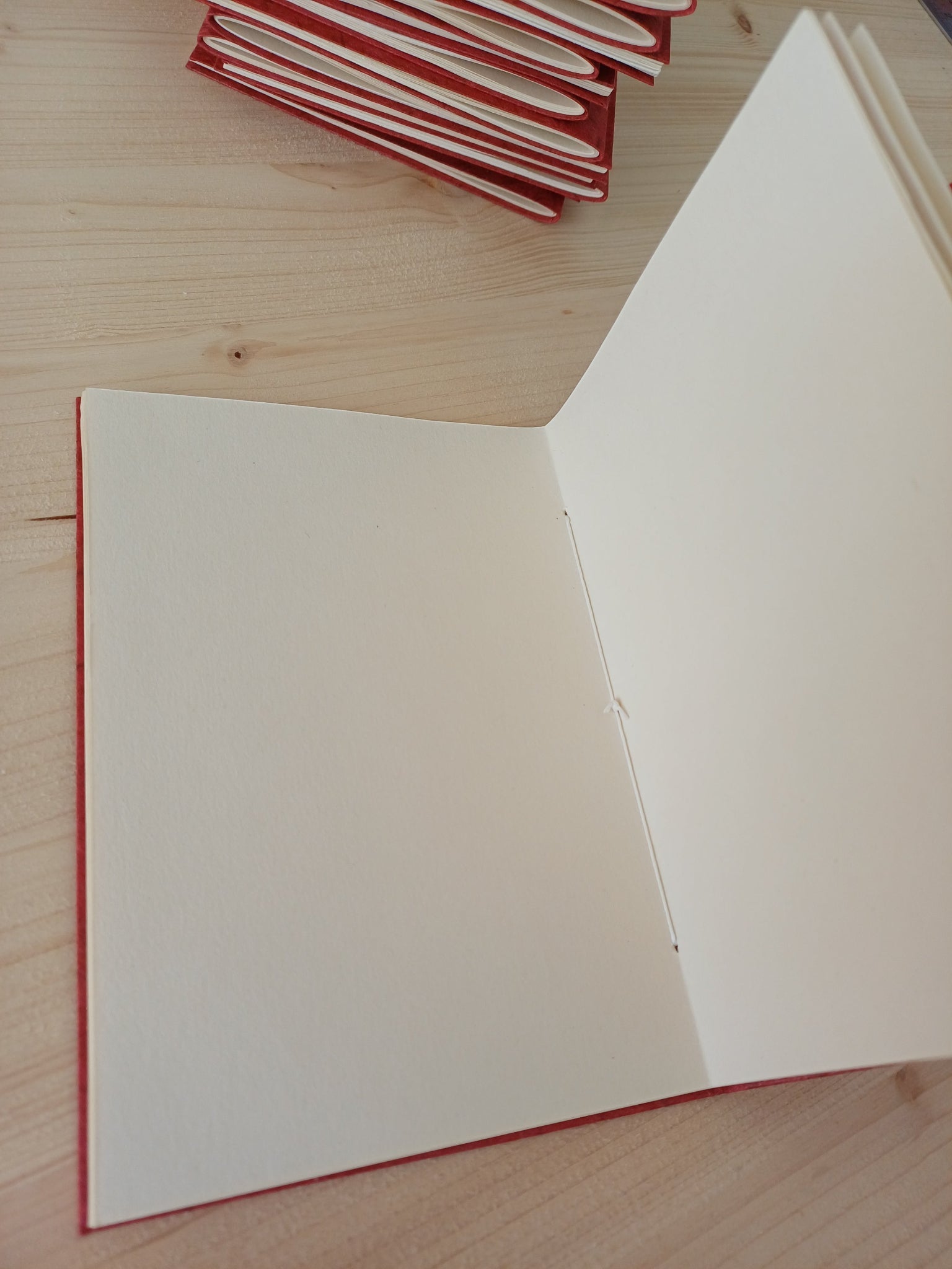 Carnet artisanal ouvert laissant voir la reliure faite main. Les rebords montrent une couverture de papier japonais obonai couleur terracotta.
