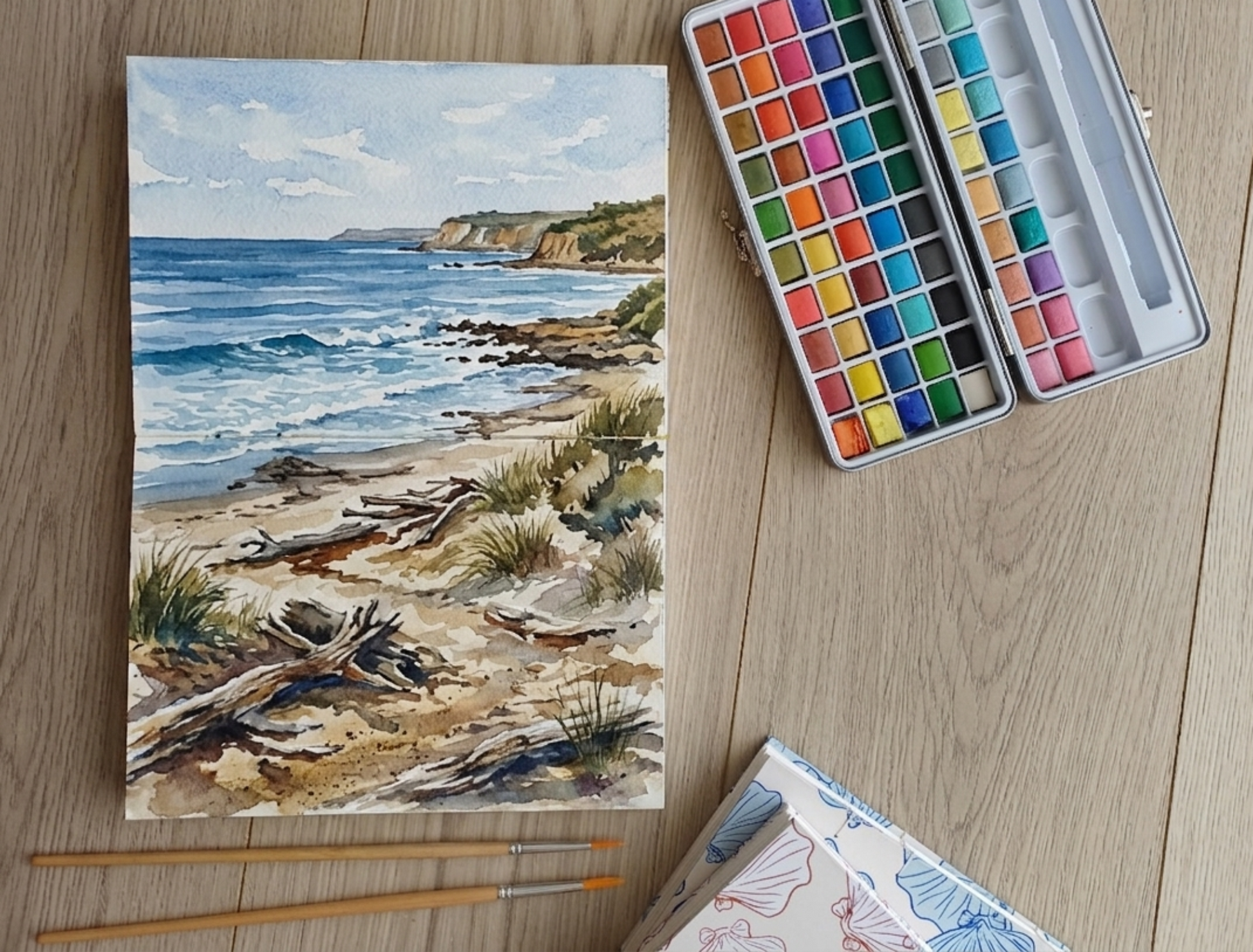 Carnet artisanal pour aquarelle ouvert sur une peinture d'une plage, à côté, une palette, deux pinceaux et le coin de deux autres carnets artisanaux.