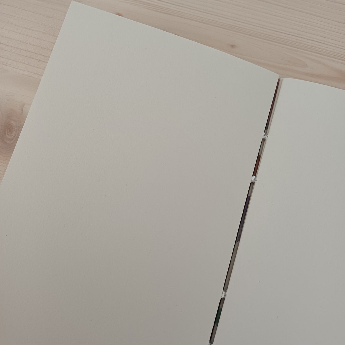 Carnet artisanal relié ouvert laissant voir le papier intérieur et la reliure copte visible entre les pages blanches.