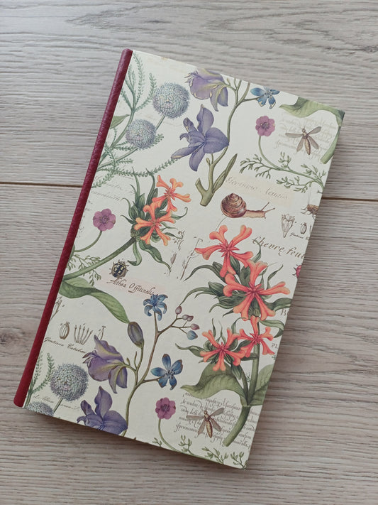 Carnet artisanal avec une couverture imprimée de fleurs, d'insectes et de notes au style cahier de botanique.