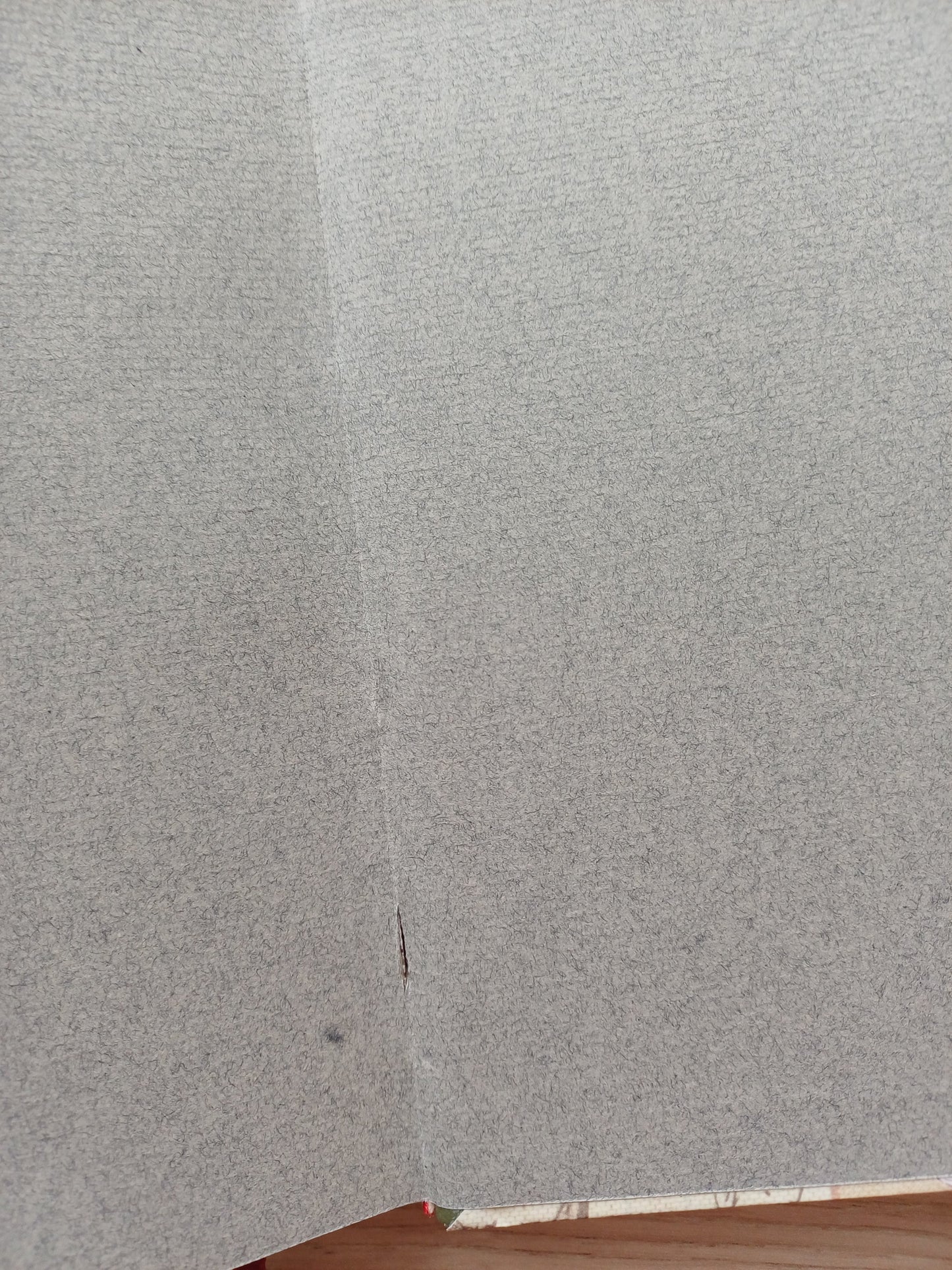 Carnet artisanal ouvert sur les pages de garde où l'on voit une petite fissure.