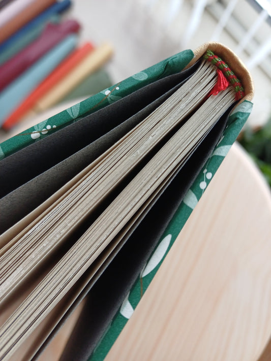 Carnet du du dessus, principalement la tranche-fil et le signet qui rentre entre les pages.