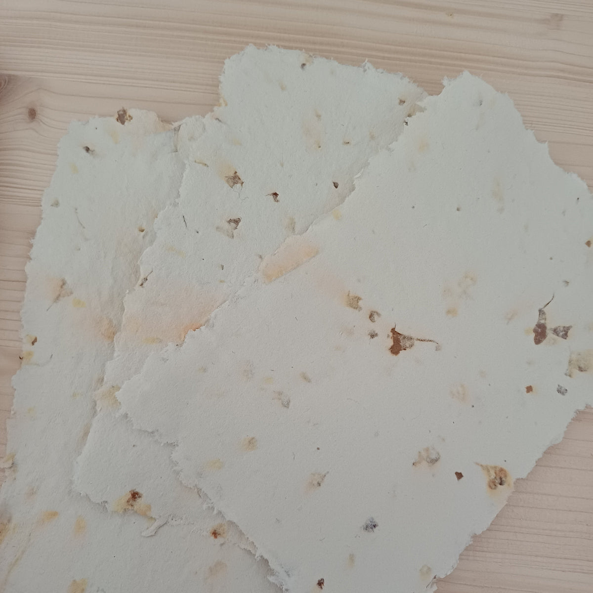 3 feuilles de papier recyclé maison texturé avec des morceaux de feuilles séchées