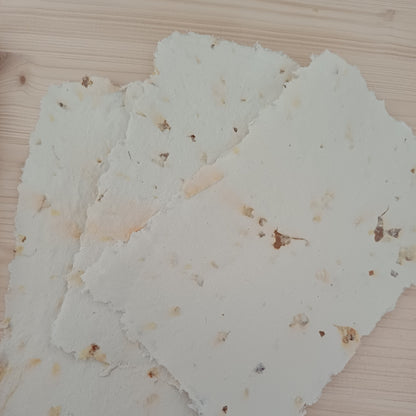 3 feuilles de papier recyclé maison texturé avec des morceaux de feuilles séchées