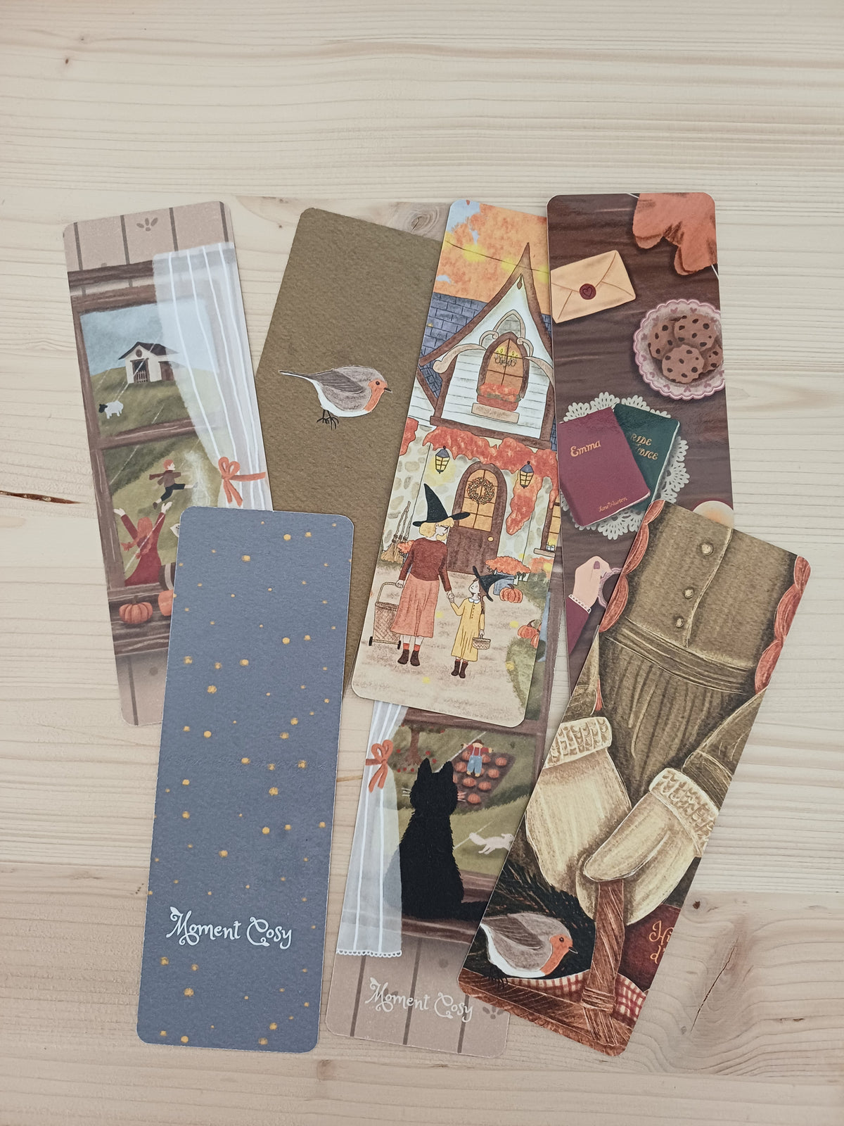6 marque-pages illustrés à la main montant des scènes d'automne.
