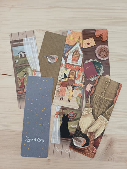 6 marque-pages illustrés à la main montant des scènes d'automne.