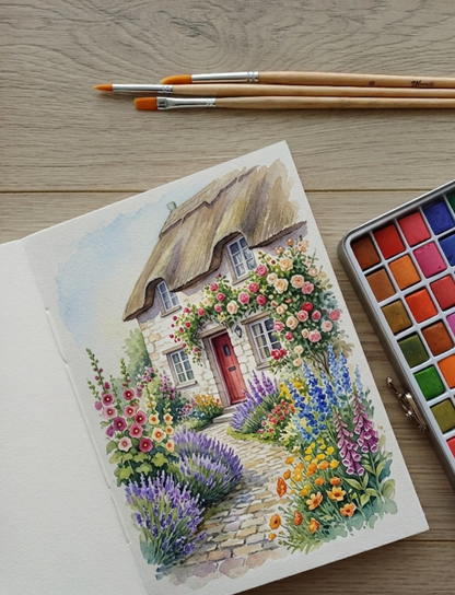 Carnet artisanal pour aquarelle ouvert sur une peinture d'un cottage fleuri, à côté, une palette et trois pinceaux.