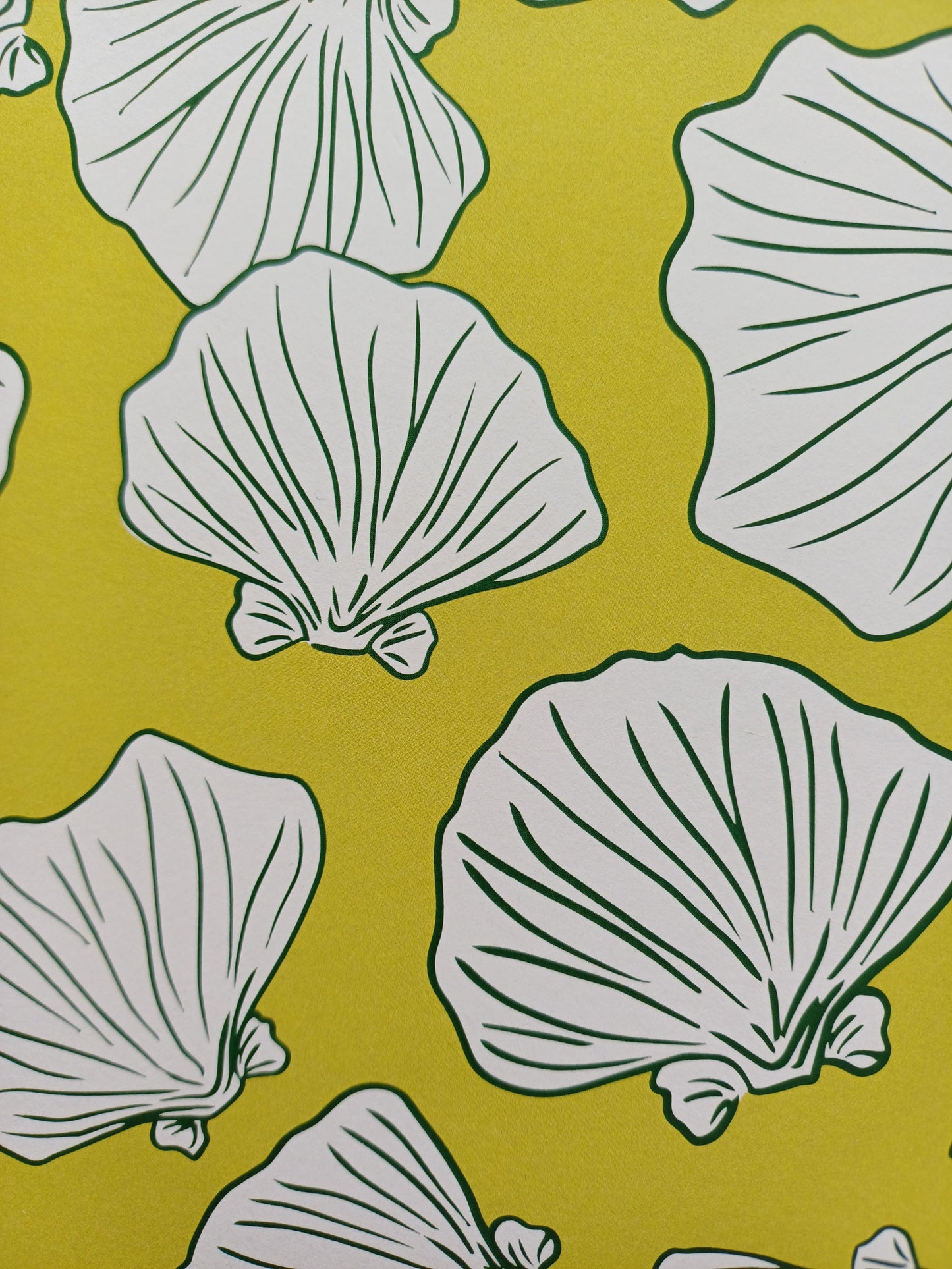 Détaile de la couverture d'un carnet artisanal pour aquarelle avec des motifs de coquillages sur un fond vert.